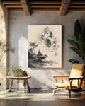 Buddhist Monk Meditating on Ancient Mountain, Muted Black Wall Art Poster Canvas, Zen Spiritual Home Décor