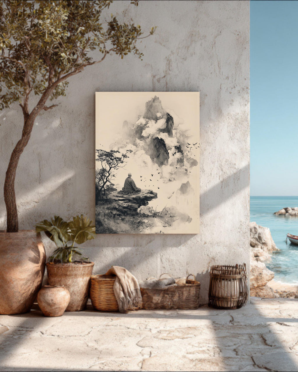Buddhist Monk Meditating on Ancient Mountain, Muted Black Wall Art Poster Canvas, Zen Spiritual Home Décor