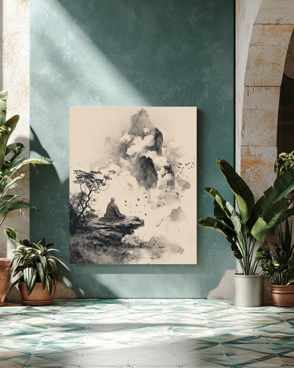 Buddhist Monk Meditating on Ancient Mountain, Muted Black Wall Art Poster Canvas, Zen Spiritual Home Décor