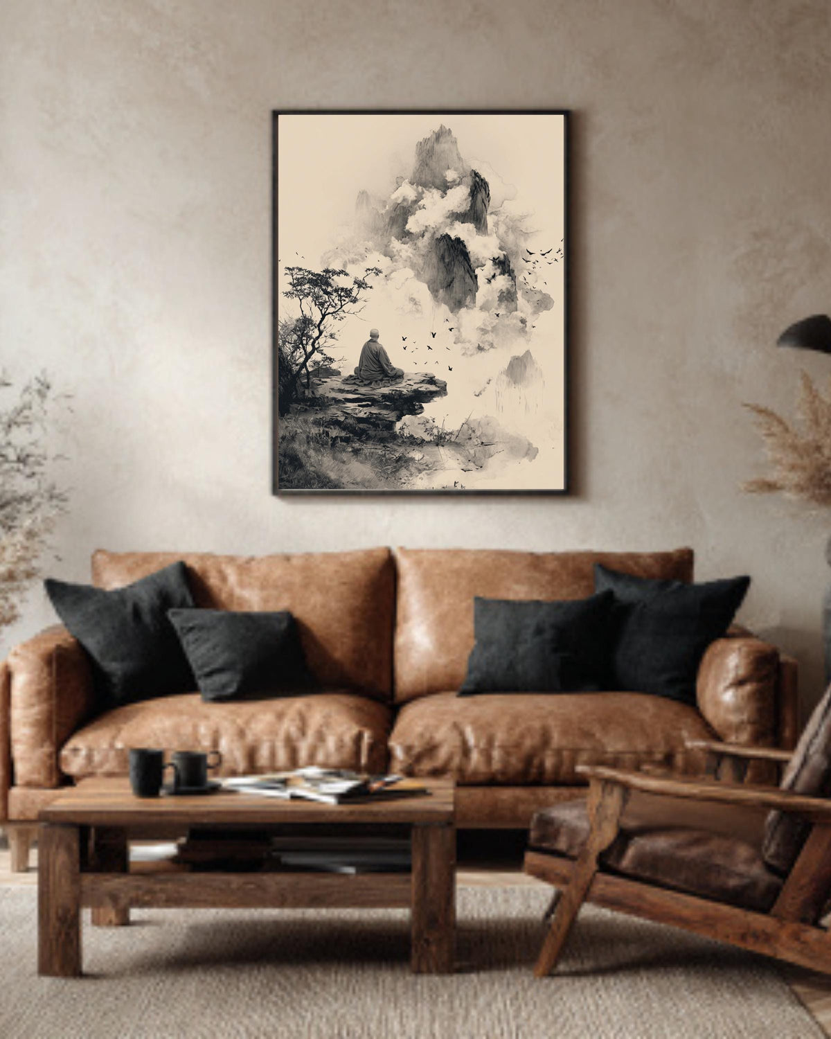 Buddhist Monk Meditating on Ancient Mountain, Muted Black Wall Art Poster Canvas, Zen Spiritual Home Décor