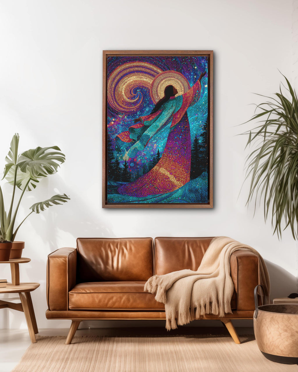 Colorful Celestial Goddess in Night Sky, Surrounded by Trees and Stars, Enchanting Cosmic Scene, Magical Fantasy Wall Art Poster Canvas