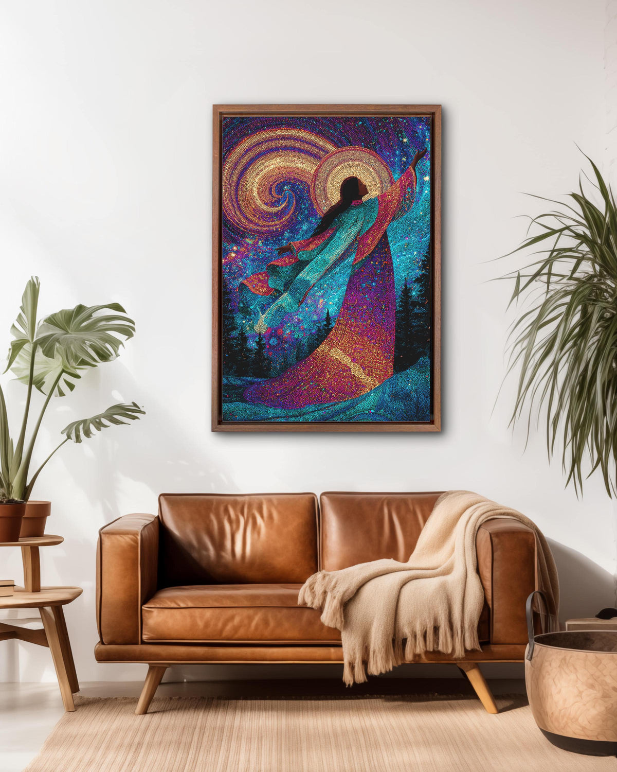 Colorful Celestial Goddess in Night Sky, Surrounded by Trees and Stars, Enchanting Cosmic Scene, Magical Fantasy Wall Art Poster Canvas