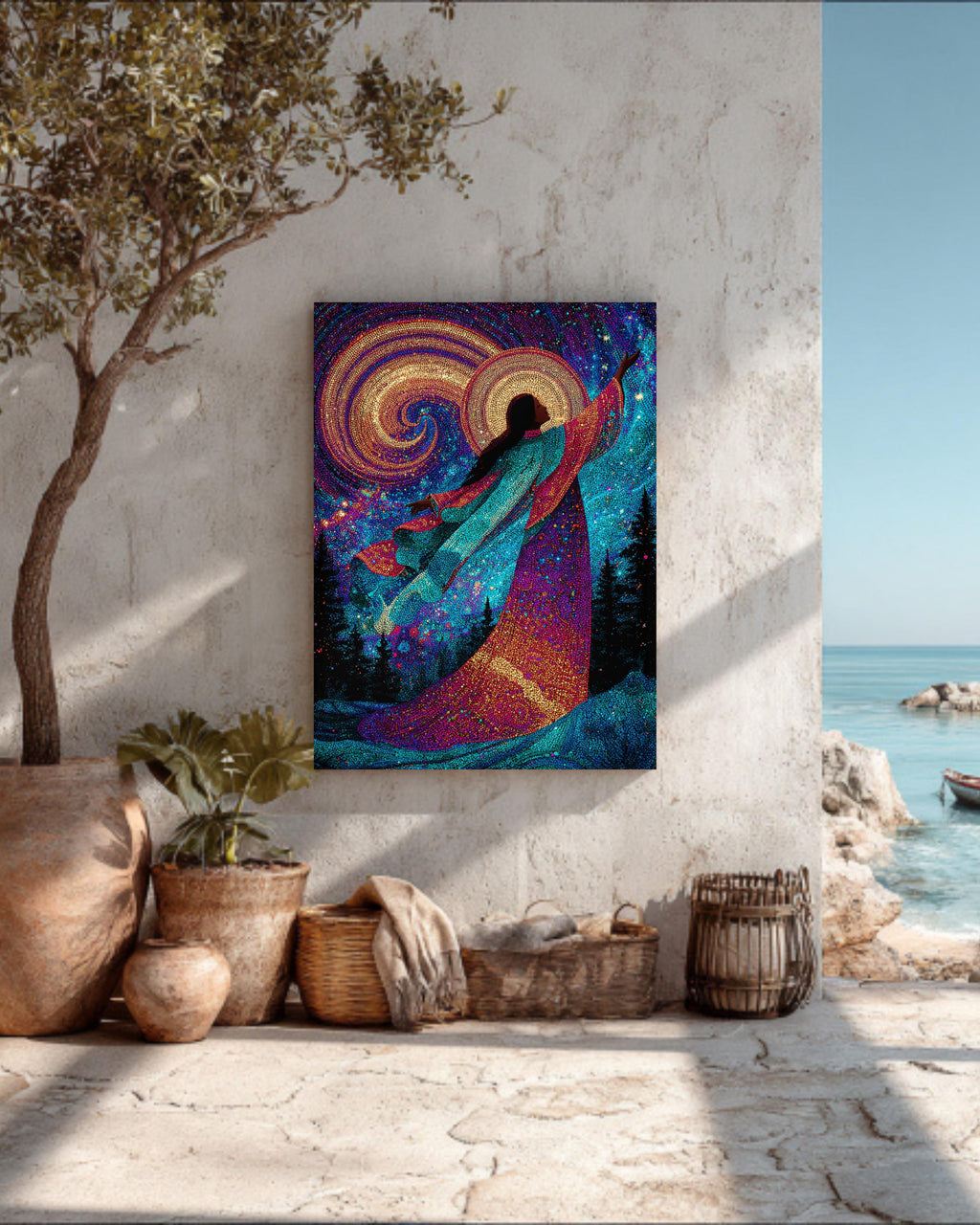 Colorful Celestial Goddess in Night Sky, Surrounded by Trees and Stars, Enchanting Cosmic Scene, Magical Fantasy Wall Art Poster Canvas