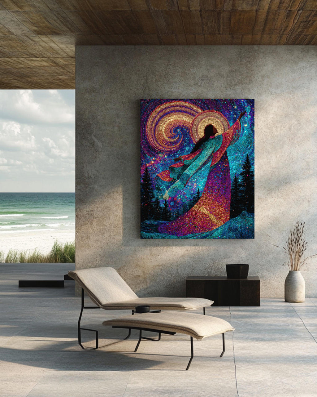 Colorful Celestial Goddess in Night Sky, Surrounded by Trees and Stars, Enchanting Cosmic Scene, Magical Fantasy Wall Art Poster Canvas
