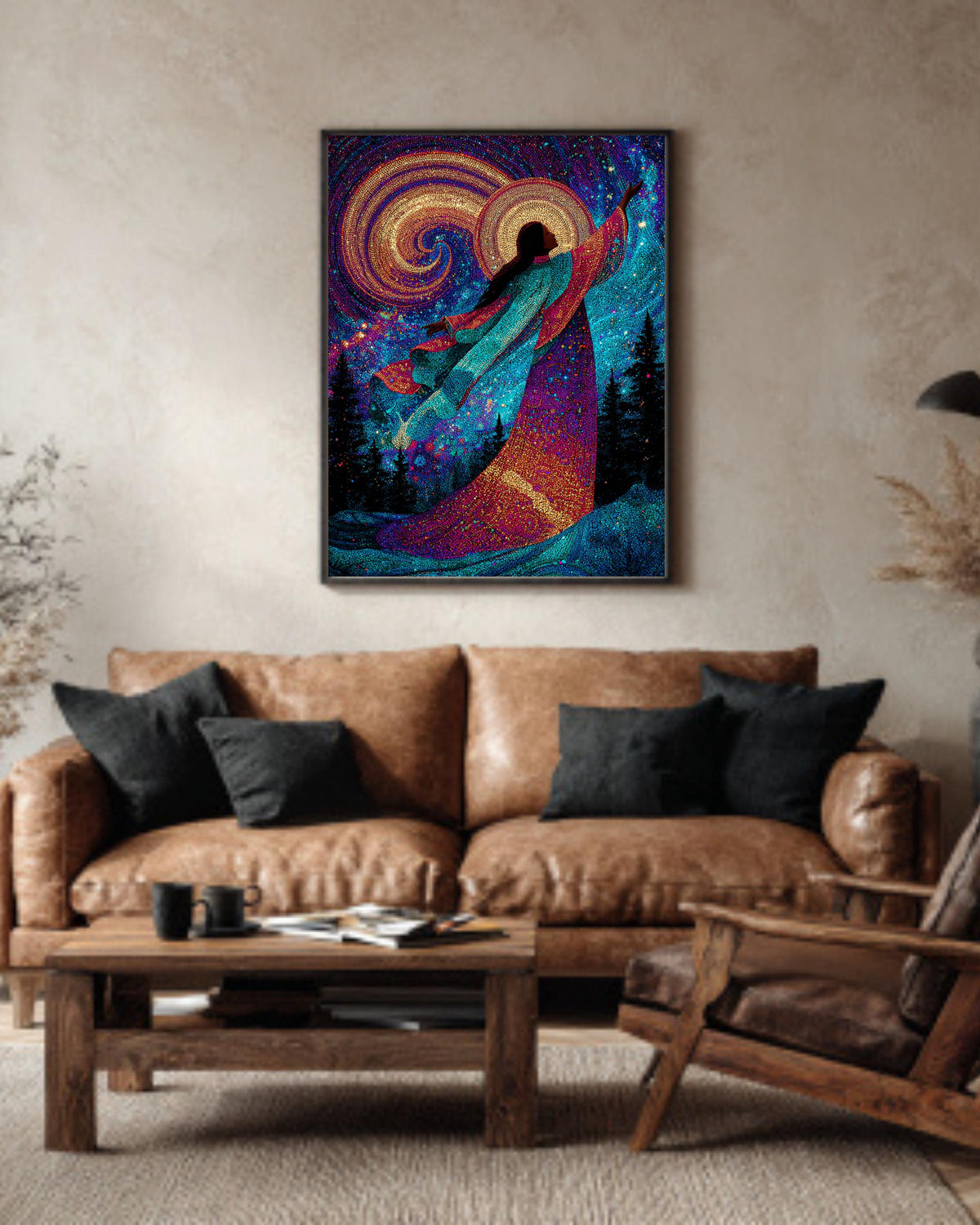 Colorful Celestial Goddess in Night Sky, Surrounded by Trees and Stars, Enchanting Cosmic Scene, Magical Fantasy Wall Art Poster Canvas