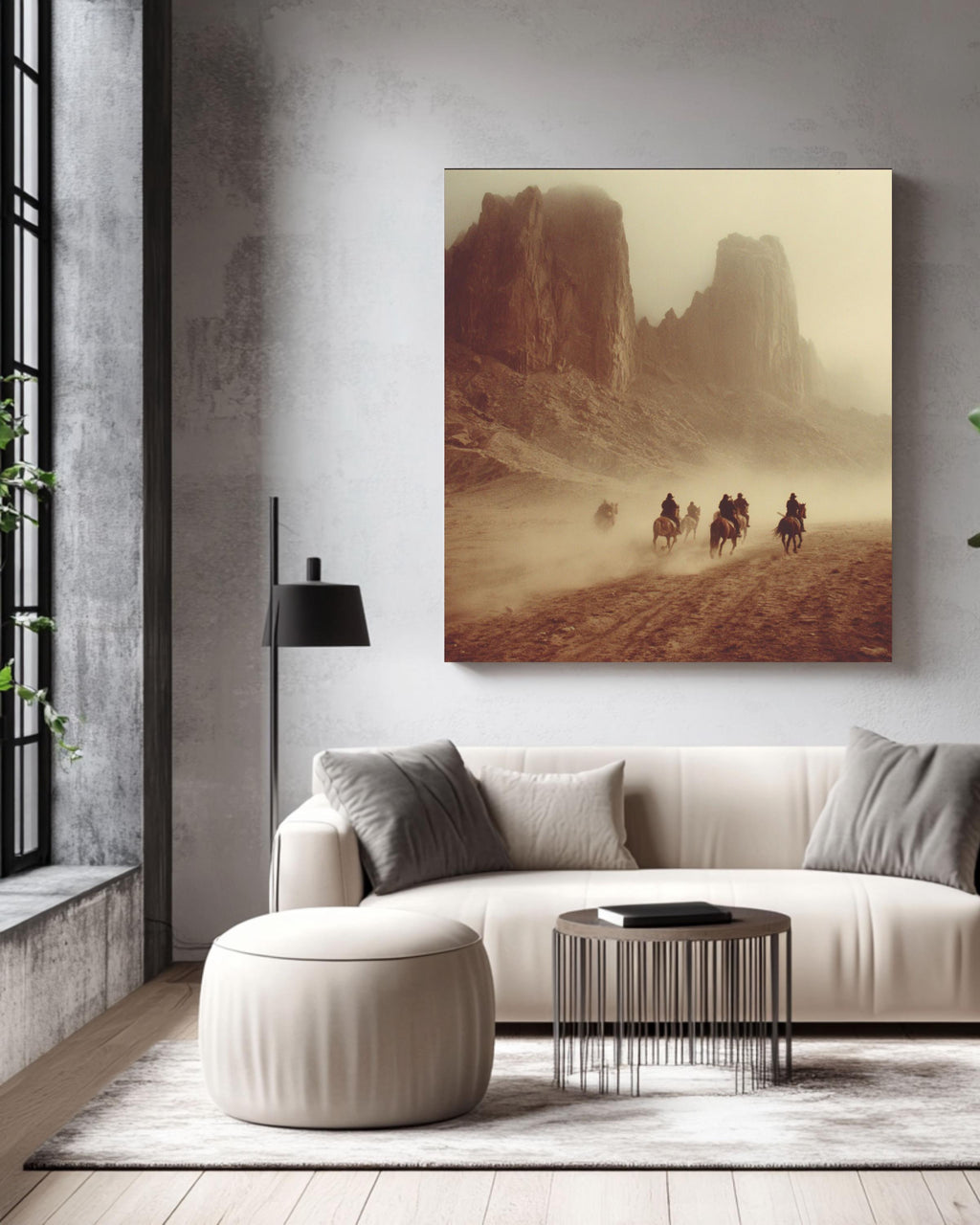 Vintage Western Desert Landscape Canvas, Horse Riders in Dust, Retro Movie Poster Style, Southwest Wall Art Print
