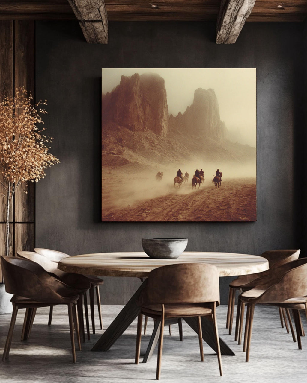 Vintage Western Desert Landscape Canvas, Horse Riders in Dust, Retro Movie Poster Style, Southwest Wall Art Print