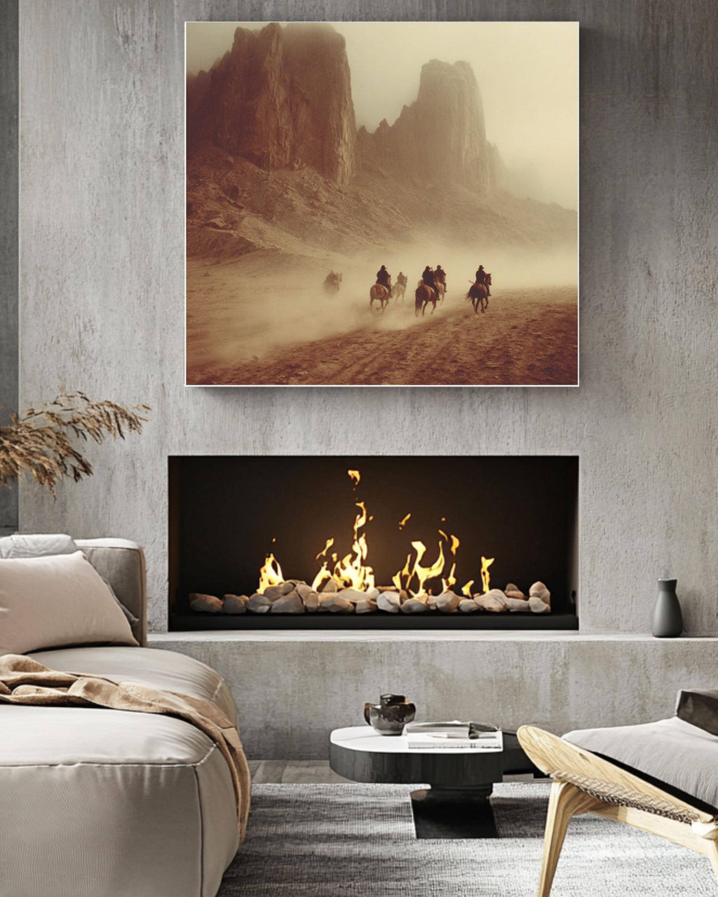 Vintage Western Desert Landscape Canvas, Horse Riders in Dust, Retro Movie Poster Style, Southwest Wall Art Print