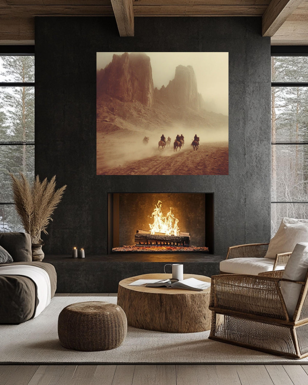 Vintage Western Desert Landscape Canvas, Horse Riders in Dust, Retro Movie Poster Style, Southwest Wall Art Print