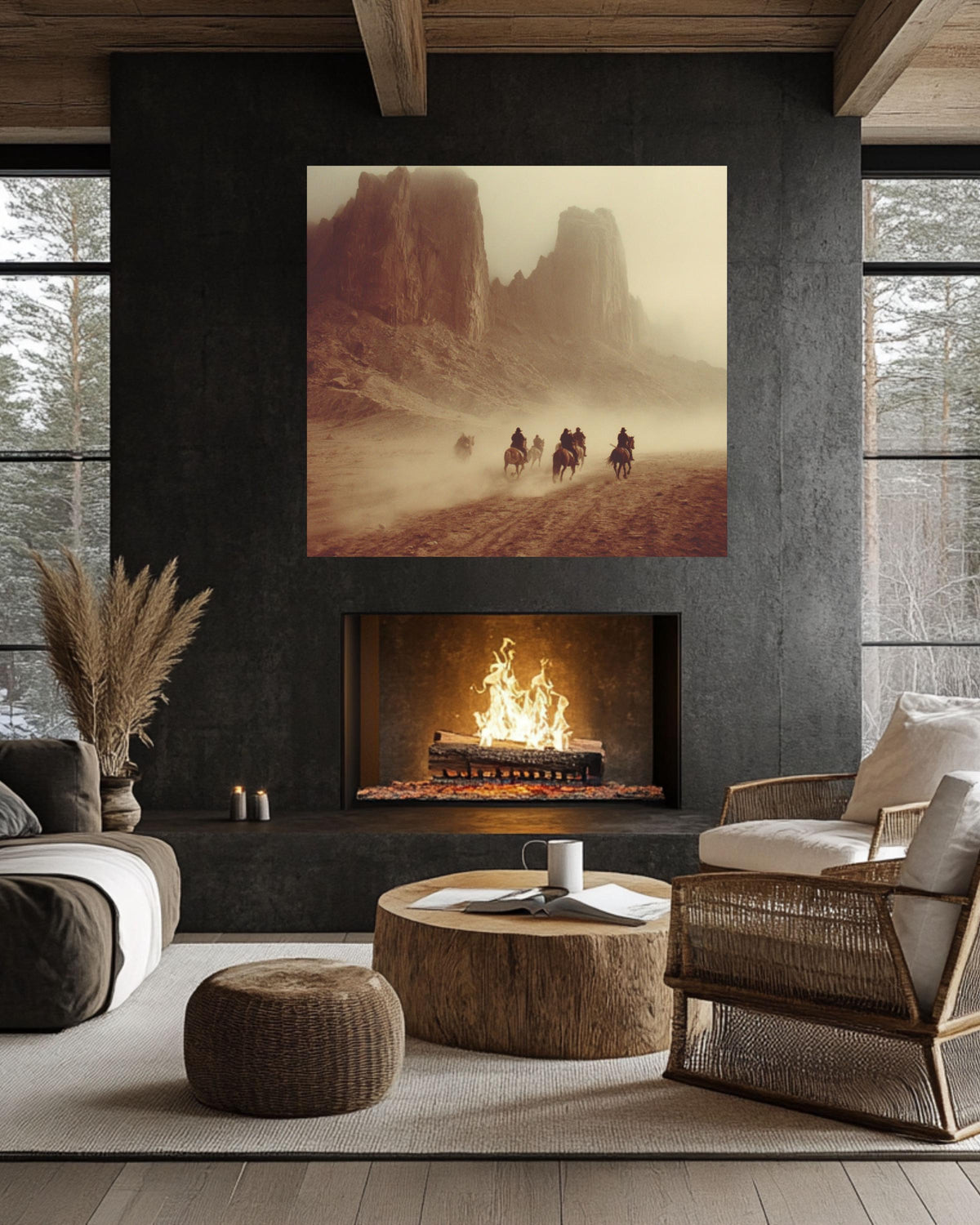 Vintage Western Desert Landscape Canvas, Horse Riders in Dust, Retro Movie Poster Style, Southwest Wall Art Print