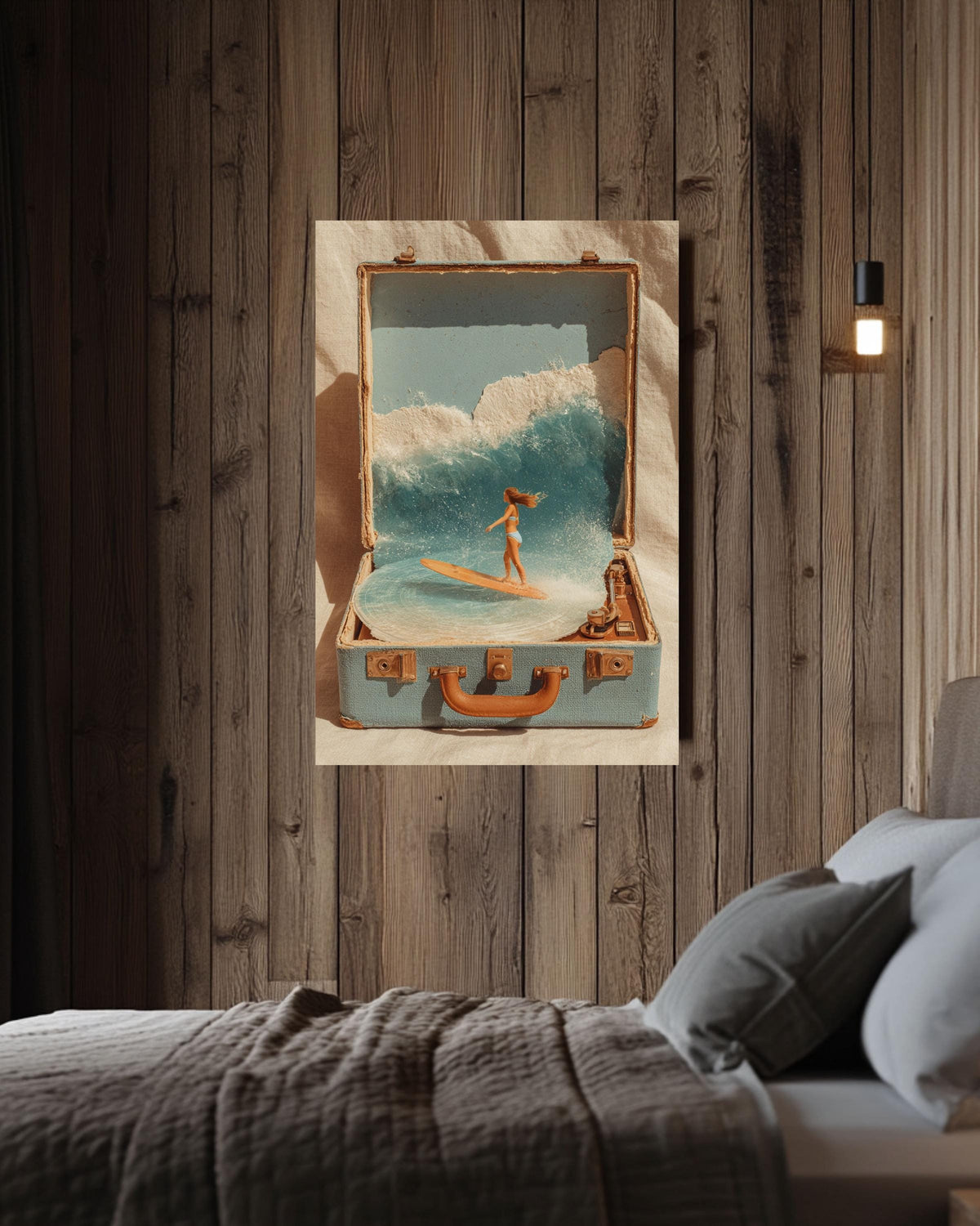 Surreal Surf in Suitcase Collage Canvas, Beach Record Player Art, Retro Coastal Wall Decor, Bohemian Summer Print