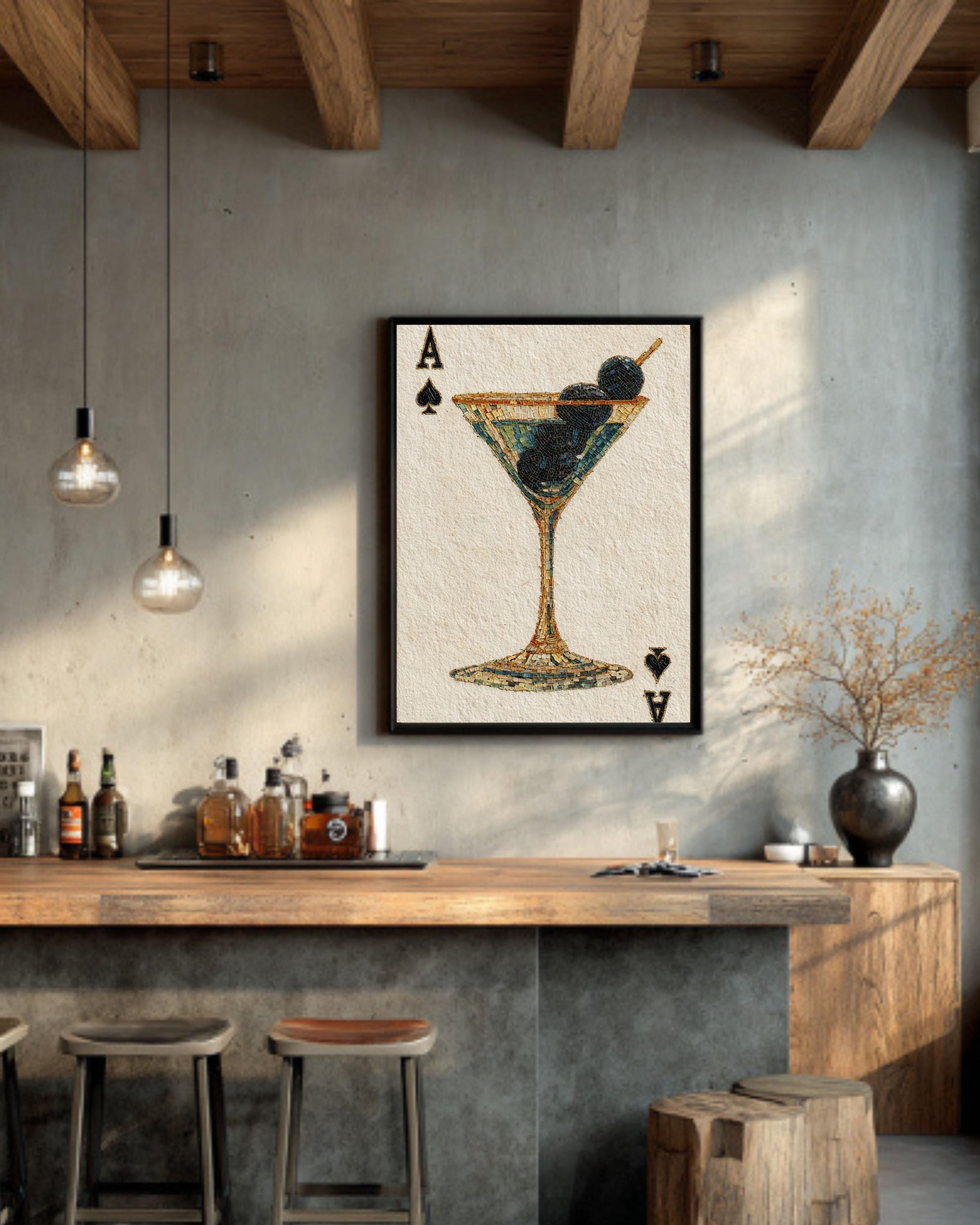 Martini Ace of Spades Mosaic Canvas, Playing Card Wall Art, Game Room Casino Decor, Unique Cocktail Print