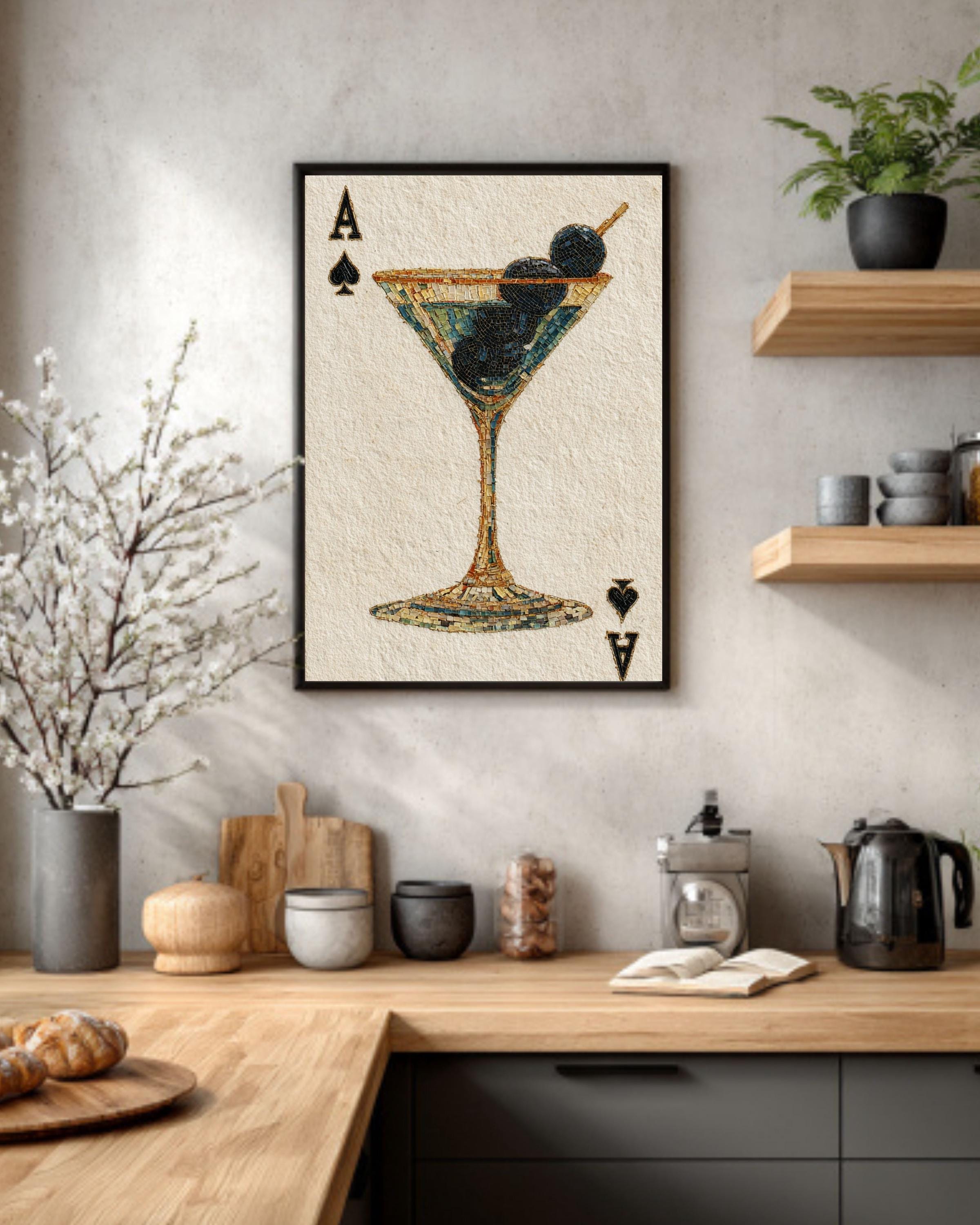 Martini Ace of Spades Mosaic Canvas, Playing Card Wall Art, Game Room Casino Decor, Unique Cocktail Print