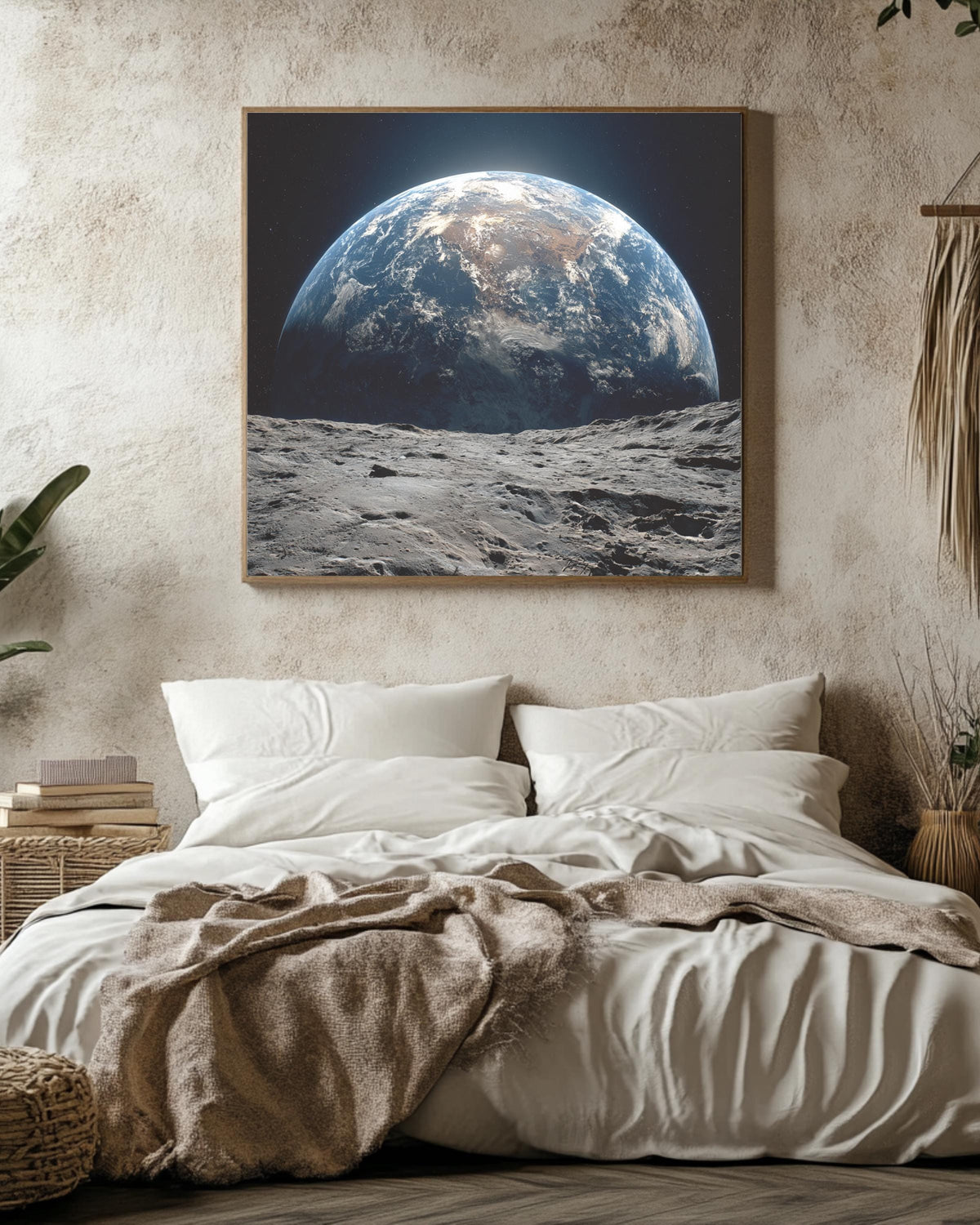 Earth Rising Over Moon Surface Wall Art, Stunning Space View Poster, Astronaut Perspective Canvas, Cosmic Planet Home Decor