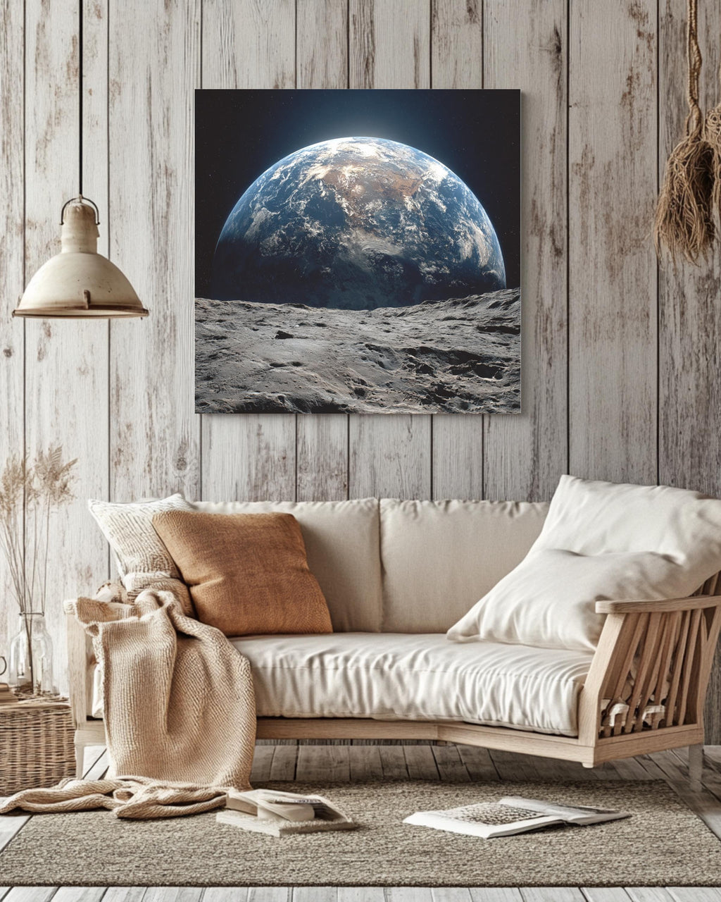 Earth Rising Over Moon Surface Wall Art, Stunning Space View Poster, Astronaut Perspective Canvas, Cosmic Planet Home Decor
