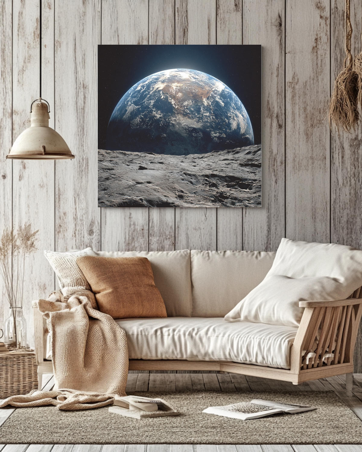 Earth Rising Over Moon Surface Wall Art, Stunning Space View Poster, Astronaut Perspective Canvas, Cosmic Planet Home Decor
