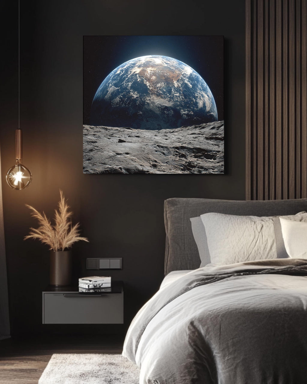 Earth Rising Over Moon Surface Wall Art, Stunning Space View Poster, Astronaut Perspective Canvas, Cosmic Planet Home Decor