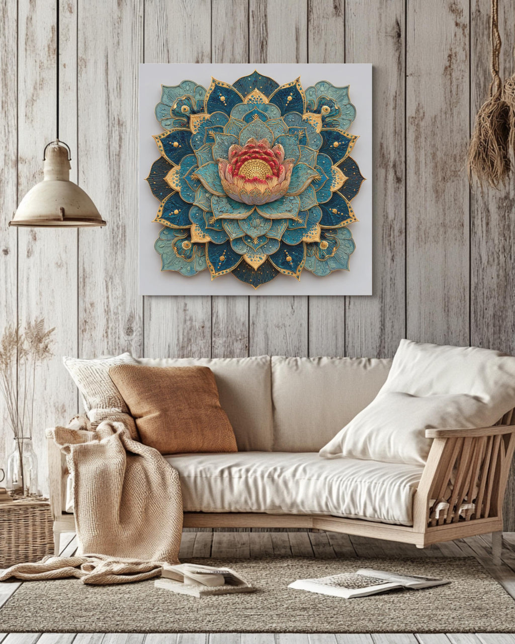 Elegant Lotus Mandala Wall Art, Sacred Geometry Canvas, Zen Boho Home Decor for Meditation Space