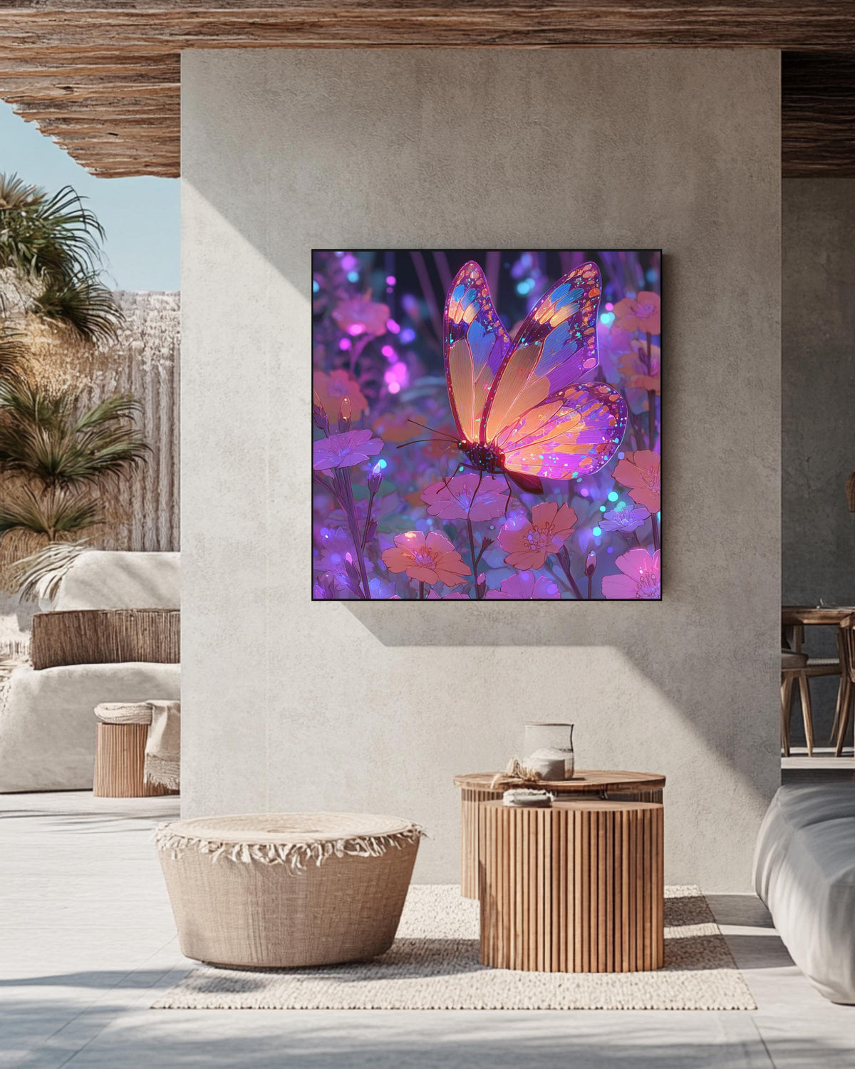 Vibrant Fantasy Butterfly Art on Purple Neon Background, Colorful Cartoon Aesthetic Poster, Whimsical Bright Insect Canvas