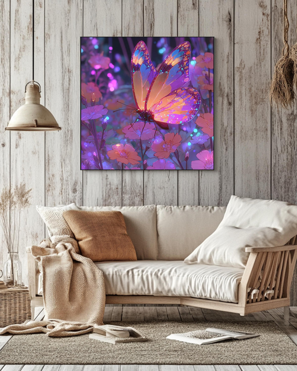 Vibrant Fantasy Butterfly Art on Purple Neon Background, Colorful Cartoon Aesthetic Poster, Whimsical Bright Insect Canvas