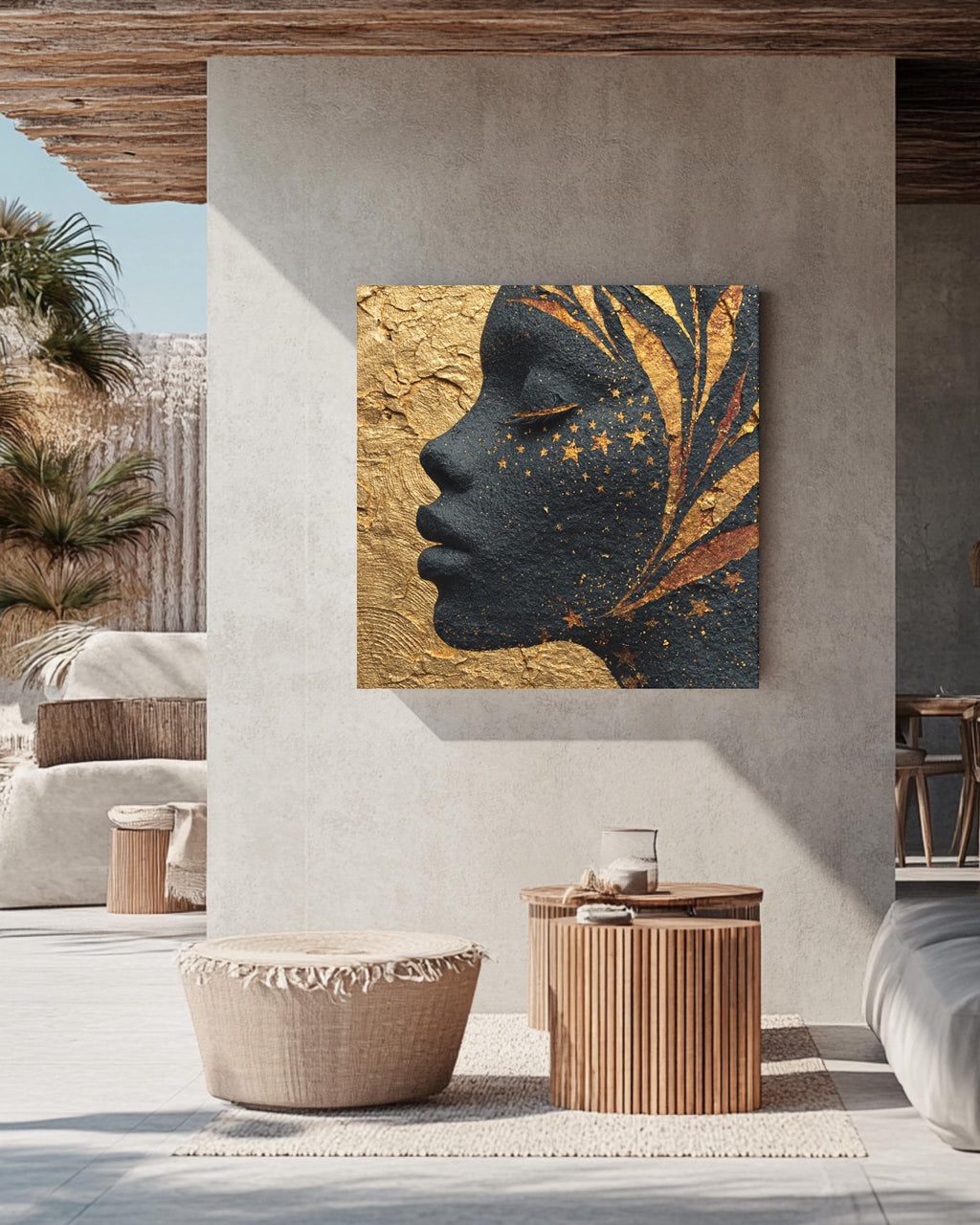 African Goddess Wall Art, Celestial Black Woman Portrait with Golden Stars, Ethereal Night Sky Skin Canvas, Gold Leaf Meditation Poster
