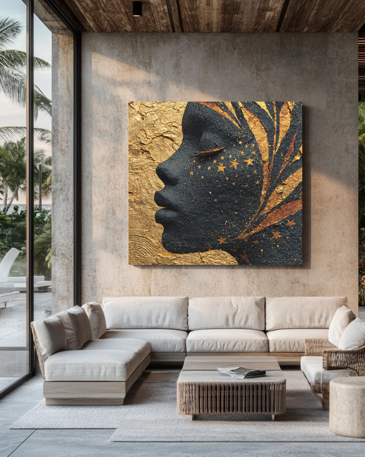 African Goddess Wall Art, Celestial Black Woman Portrait with Golden Stars, Ethereal Night Sky Skin Canvas, Gold Leaf Meditation Poster