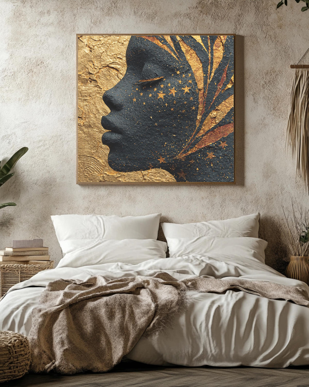 African Goddess Wall Art, Celestial Black Woman Portrait with Golden Stars, Ethereal Night Sky Skin Canvas, Gold Leaf Meditation Poster