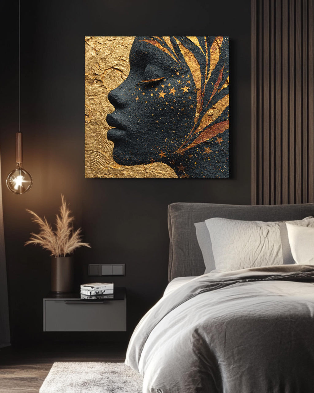 African Goddess Wall Art, Celestial Black Woman Portrait with Golden Stars, Ethereal Night Sky Skin Canvas, Gold Leaf Meditation Poster