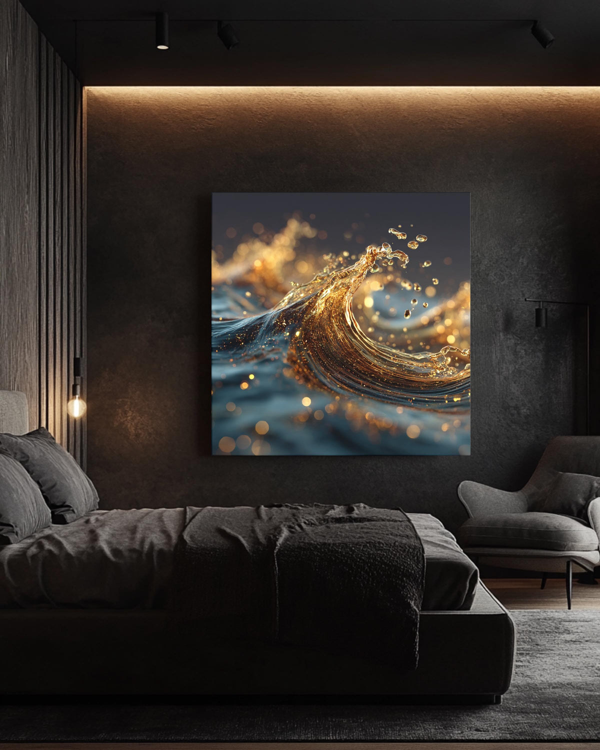 3D Liquid Splash Art Print, Golden Blue Fluid Motion Poster, Abstract Octane Render Canvas, Cinema 4D Digital Artwork
