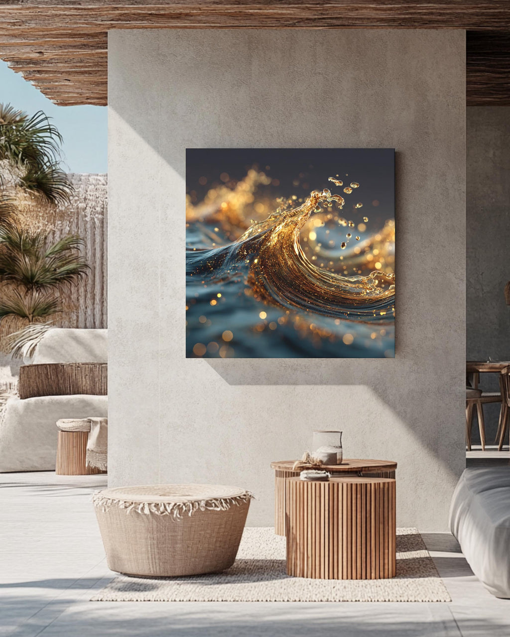 3D Liquid Splash Art Print, Golden Blue Fluid Motion Poster, Abstract Octane Render Canvas, Cinema 4D Digital Artwork