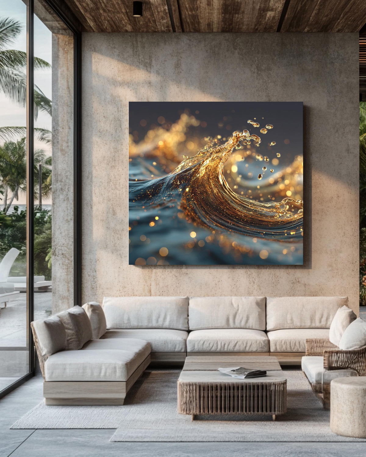 3D Liquid Splash Art Print, Golden Blue Fluid Motion Poster, Abstract Octane Render Canvas, Cinema 4D Digital Artwork