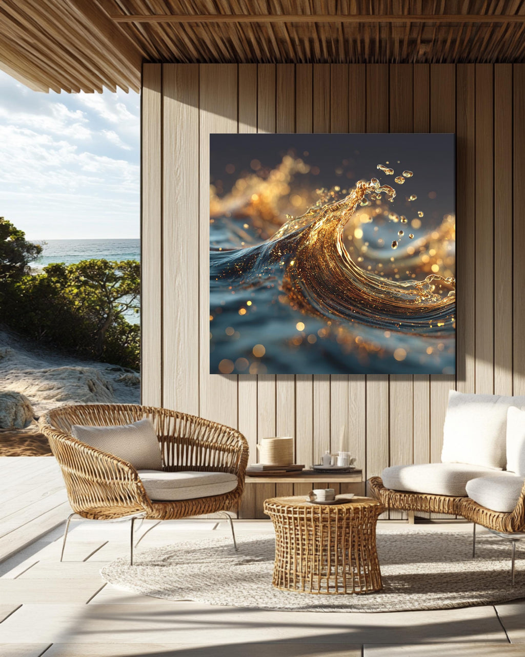 3D Liquid Splash Art Print, Golden Blue Fluid Motion Poster, Abstract Octane Render Canvas, Cinema 4D Digital Artwork