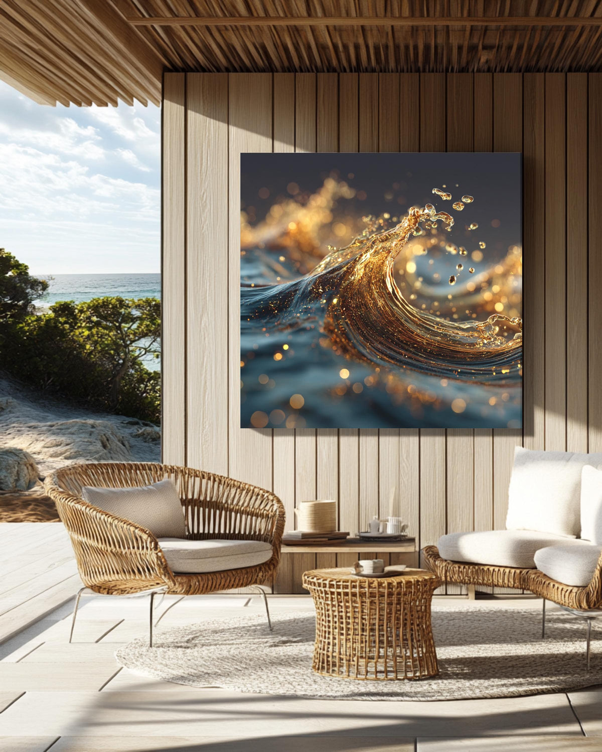 3D Liquid Splash Art Print, Golden Blue Fluid Motion Poster, Abstract Octane Render Canvas, Cinema 4D Digital Artwork