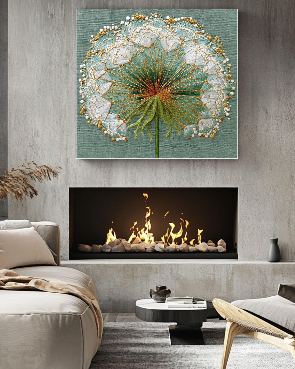 Embroidered Dandelion Canvas Print, Detailed Floral Wall Art, Botanical Nature Decor, Green Gold Thread Texture