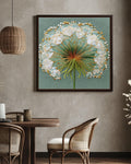 Embroidered Dandelion Canvas Print, Detailed Floral Wall Art, Botanical Nature Decor, Green Gold Thread Texture