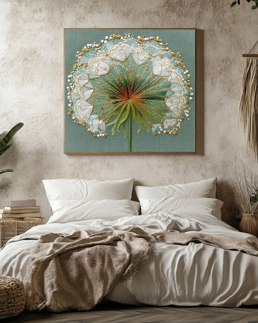 Embroidered Dandelion Canvas Print, Detailed Floral Wall Art, Botanical Nature Decor, Green Gold Thread Texture