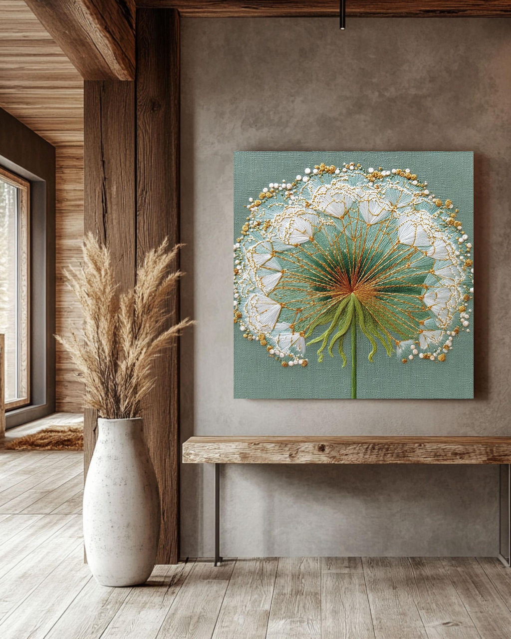 Embroidered Dandelion Canvas Print, Detailed Floral Wall Art, Botanical Nature Decor, Green Gold Thread Texture