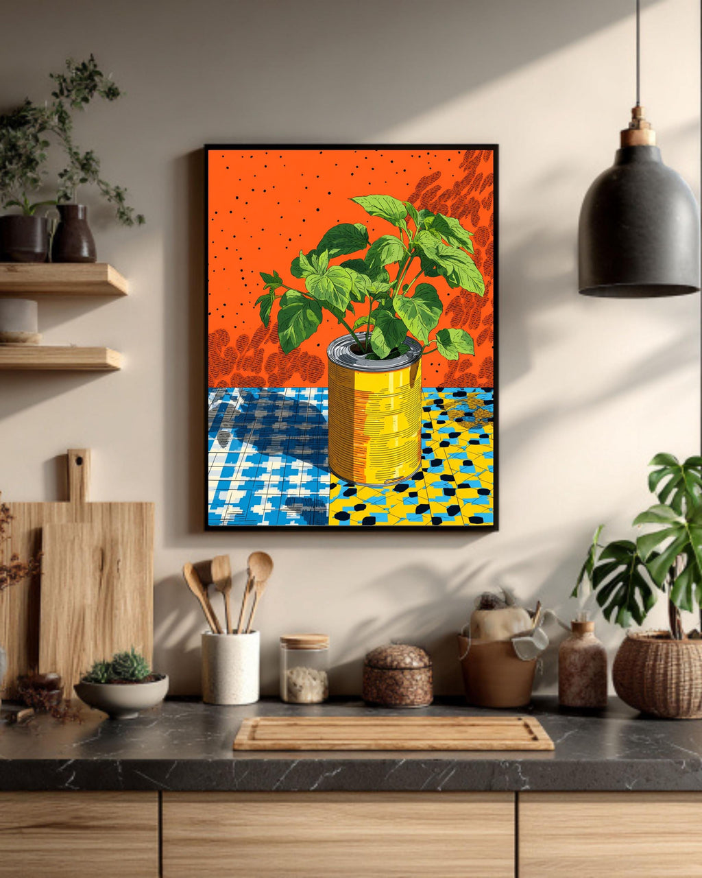 Pop Art Plant Canvas, Retro Kitchen Wall Art, Bright Floral Illustration, Graphic Mid-Century Modern Decor