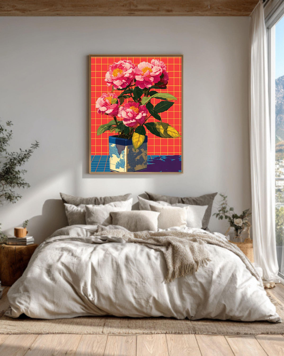 Neon Pink Peonies Print, Retro Pop Art Floral Canvas, Vibrant Grid Background, Aesthetic 80s Style Wall Art