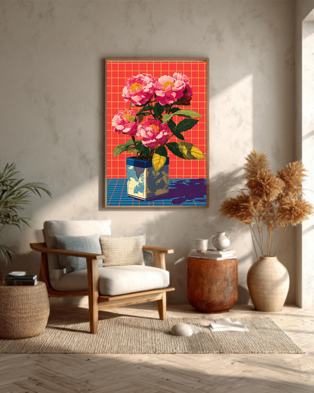Neon Pink Peonies Print, Retro Pop Art Floral Canvas, Vibrant Grid Background, Aesthetic 80s Style Wall Art