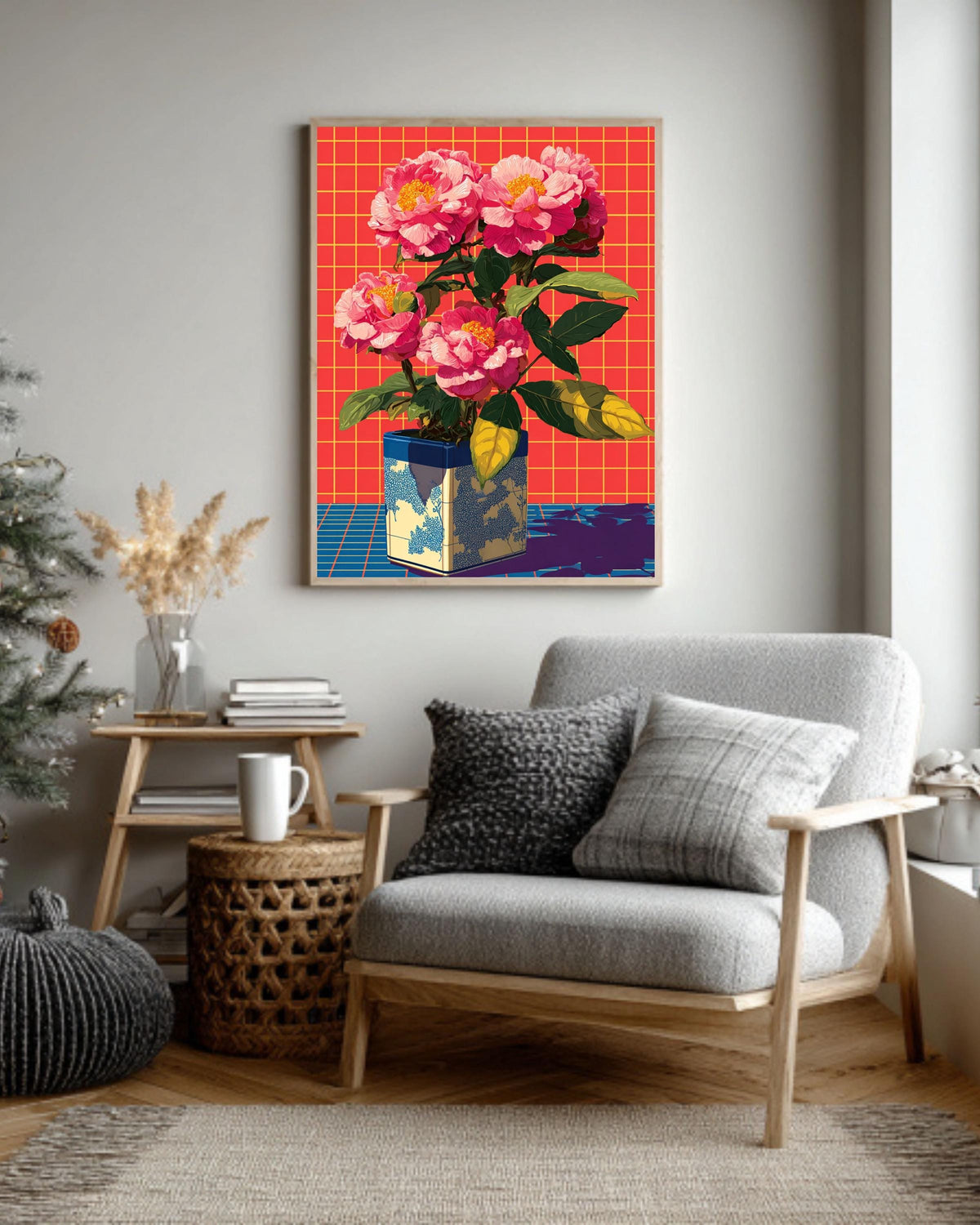 Neon Pink Peonies Print, Retro Pop Art Floral Canvas, Vibrant Grid Background, Aesthetic 80s Style Wall Art