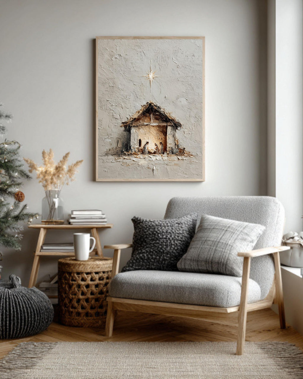 Impasto Nativity Scene Canvas, Minimalist Christmas Art Print