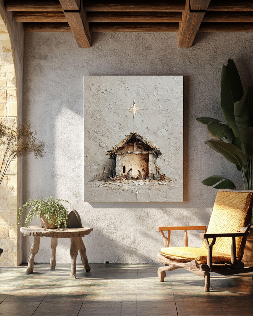 Impasto Nativity Scene Canvas, Minimalist Christmas Art Print