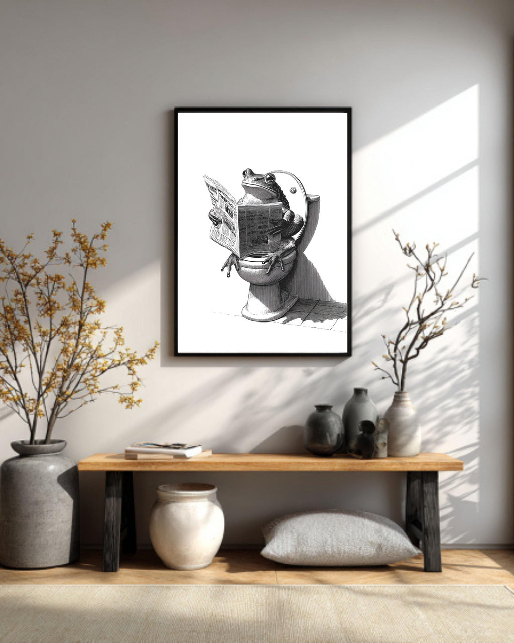 Frog on Toilet Canvas Print, Funny Bathroom Art, Vintage Engraving Style, Humorous Animal Reading Newspaper