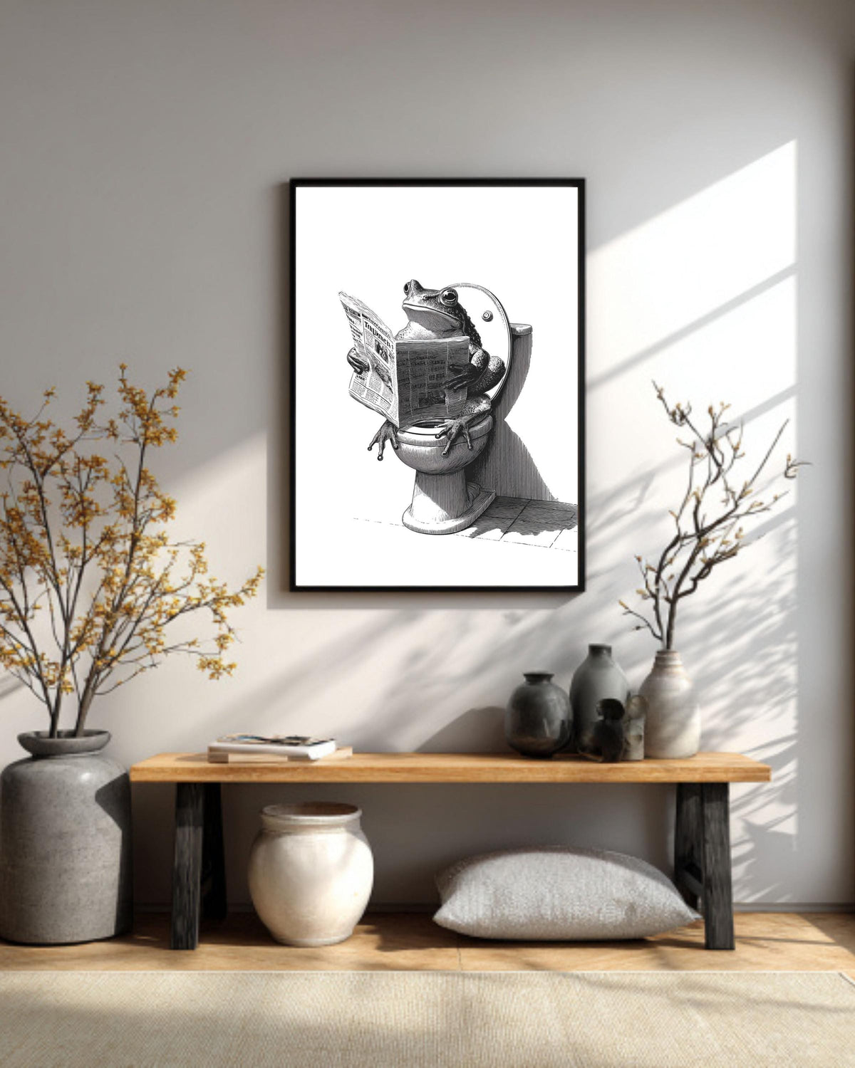 Frog on Toilet Canvas Print, Funny Bathroom Art, Vintage Engraving Style, Humorous Animal Reading Newspaper