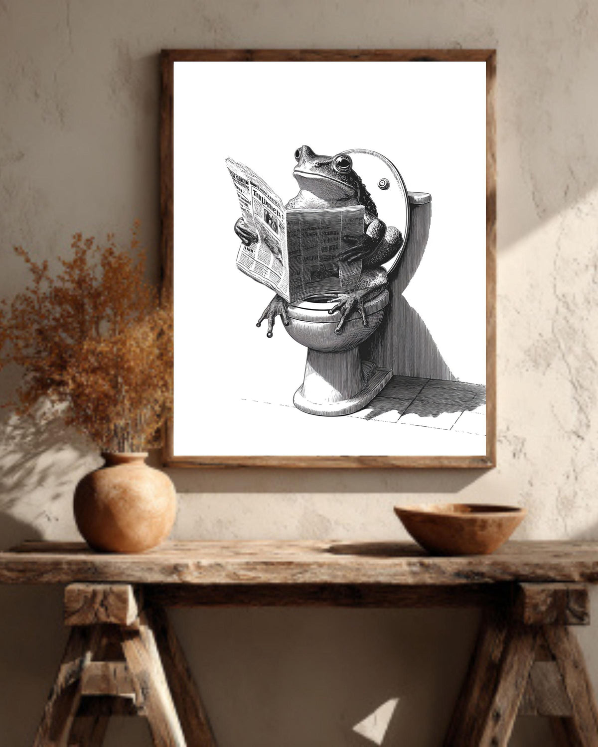 Frog on Toilet Canvas Print, Funny Bathroom Art, Vintage Engraving Style, Humorous Animal Reading Newspaper