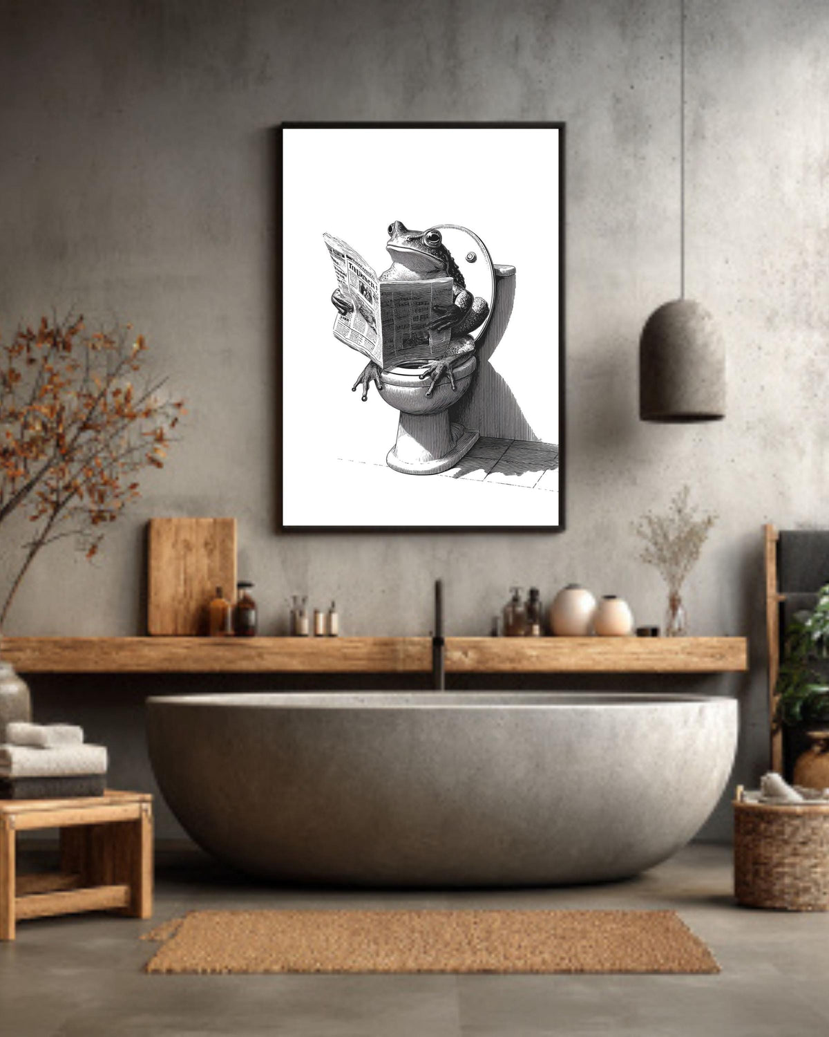 Frog on Toilet Canvas Print, Funny Bathroom Art, Vintage Engraving Style, Humorous Animal Reading Newspaper