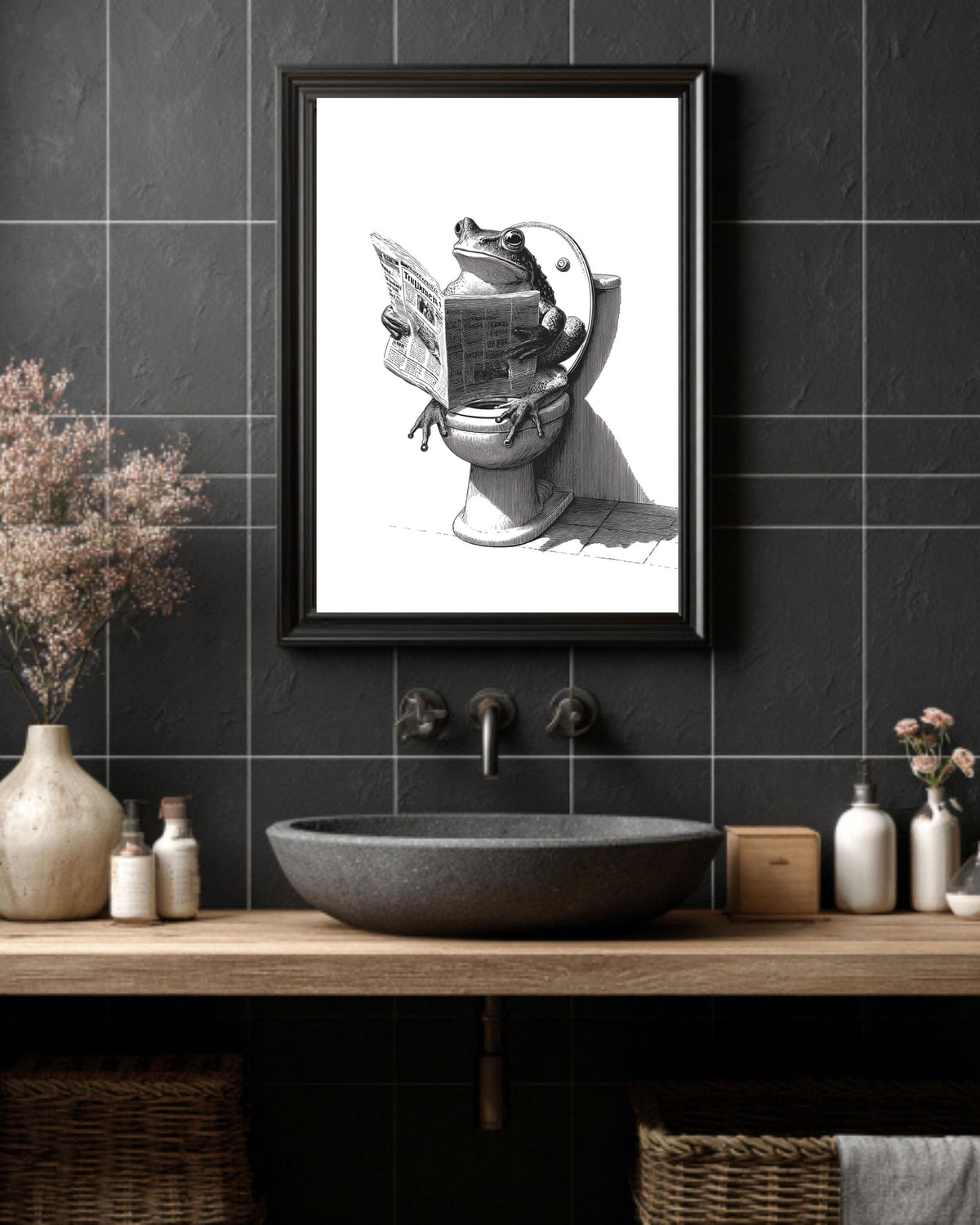 Frog on Toilet Canvas Print, Funny Bathroom Art, Vintage Engraving Style, Humorous Animal Reading Newspaper