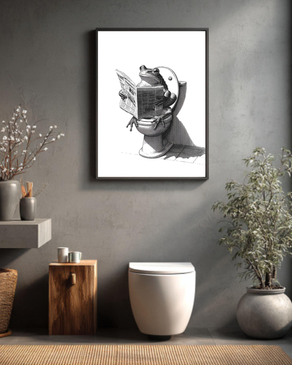 Frog on Toilet Canvas Print, Funny Bathroom Art, Vintage Engraving Style, Humorous Animal Reading Newspaper