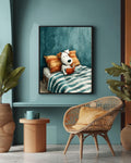 Cute Dog Reading Book Canvas Print, Cozy Kids Room Art, Whimsical Animal Illustration, Blue Orange Bedroom Decor